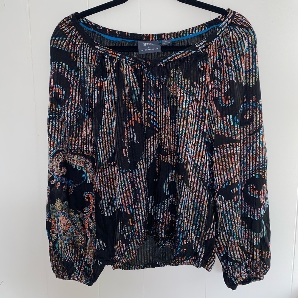 MAEVE ANTHROPOLOGIE Madeira Burnout Satin Blouse Multicolor Balloon Sleeves Sz S - Picture 2 of 10